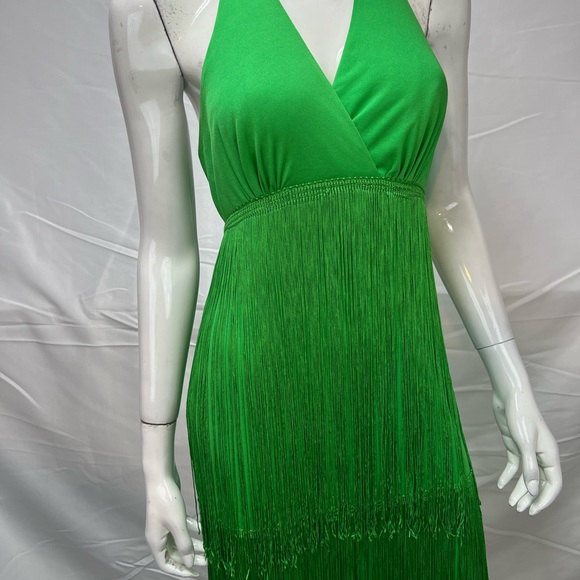 ❌SOLD❌Vintage 70s Green Tassel Fringe Tiered Long Maxi Flapper Gown Dress - Picture 5 of 9